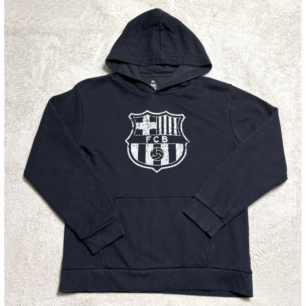 FC Barcelona Soccer Hoodie Black Center Chest Crest Pullover Boys XL Sweatshirt